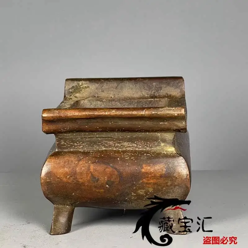 Vintage Old Item Purple Bronze Four Legged Square Ding Censer Old Patina For Temple Worship Collection