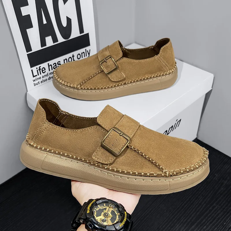Autumn Winter Men's Shoes Suede Casual Leather Shoes Men's Low Top Loafers Handmade Stitched Board Shoe