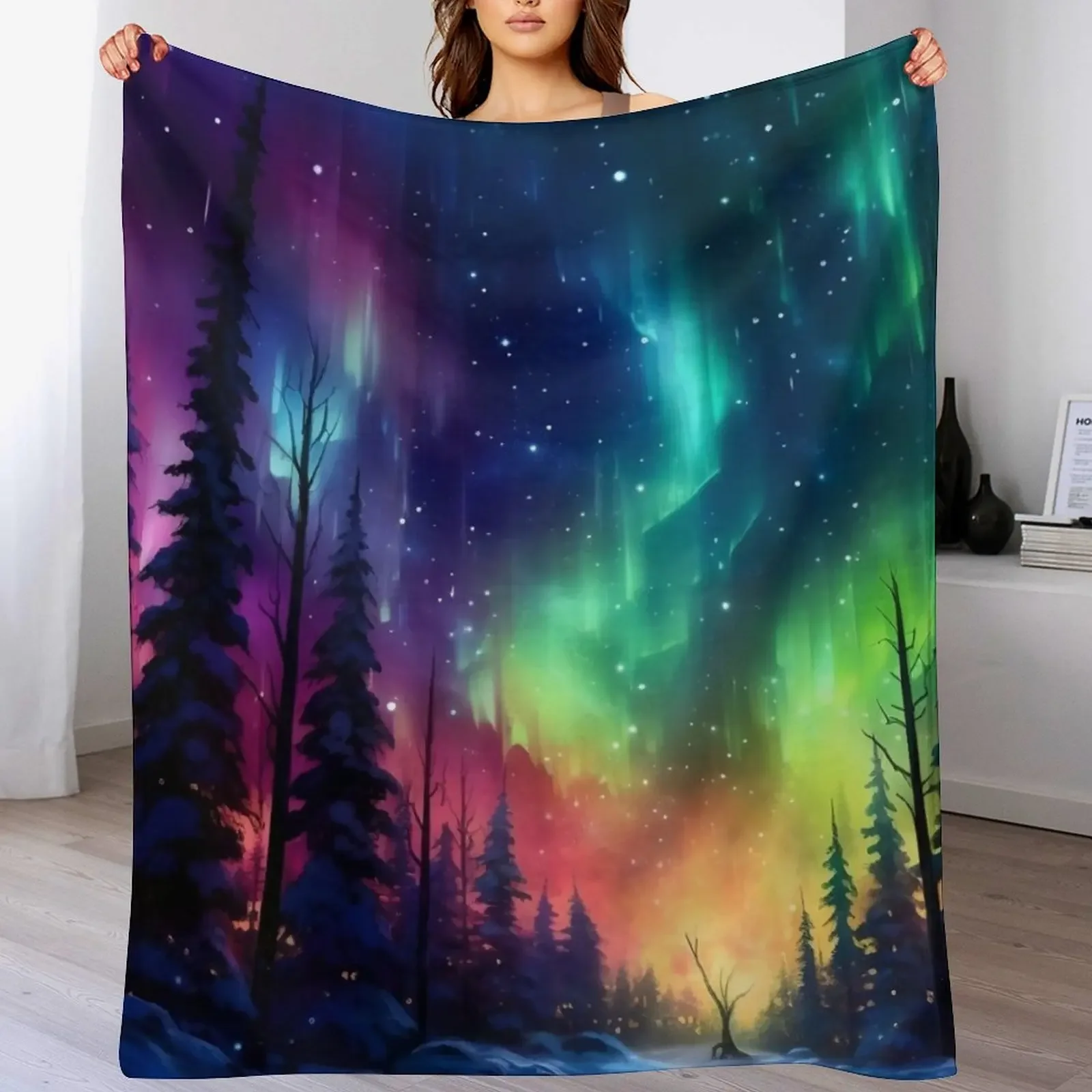 Aurora Borealis Enchanted Glowing Neon Forest Throw Blanket Fuzzy Plush Throw Blanket for Sofa Chair