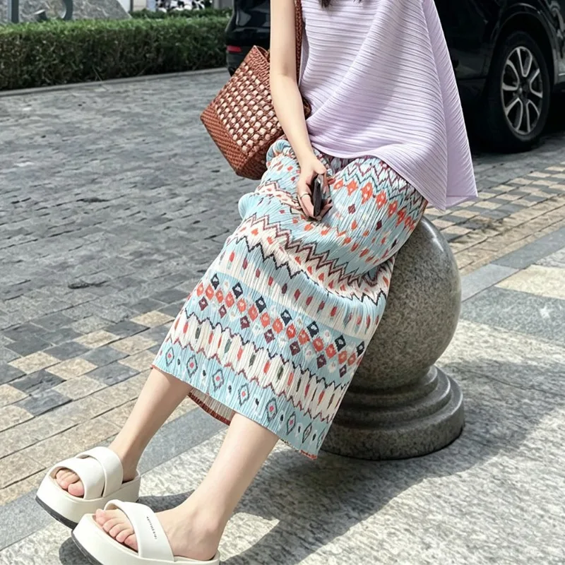  Pleated Printed Skirt Summer New Simple Casual Fashion Gentle Vacation High Waist Elastic Draped Slit Skirt for Women