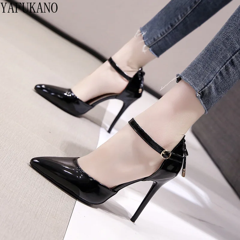 9Cm Sexy Patent Leather Stiletto High Heels Temperament Mid Hollow Women Shoes Pointed Toe Shallow Mouth Bow Word Buckle Pumps