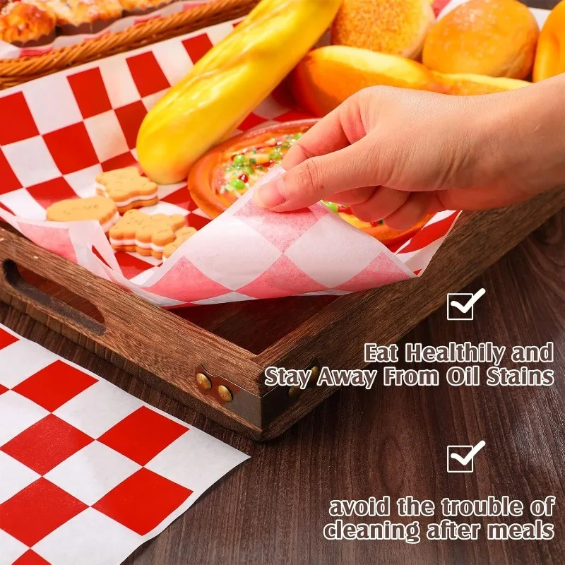 100PCS Greaseproof Paper Oil-absorbing Checkered Packaging Pads for Sandwich Deli Food Wrapping Paper Kitchen Food Basket Liners