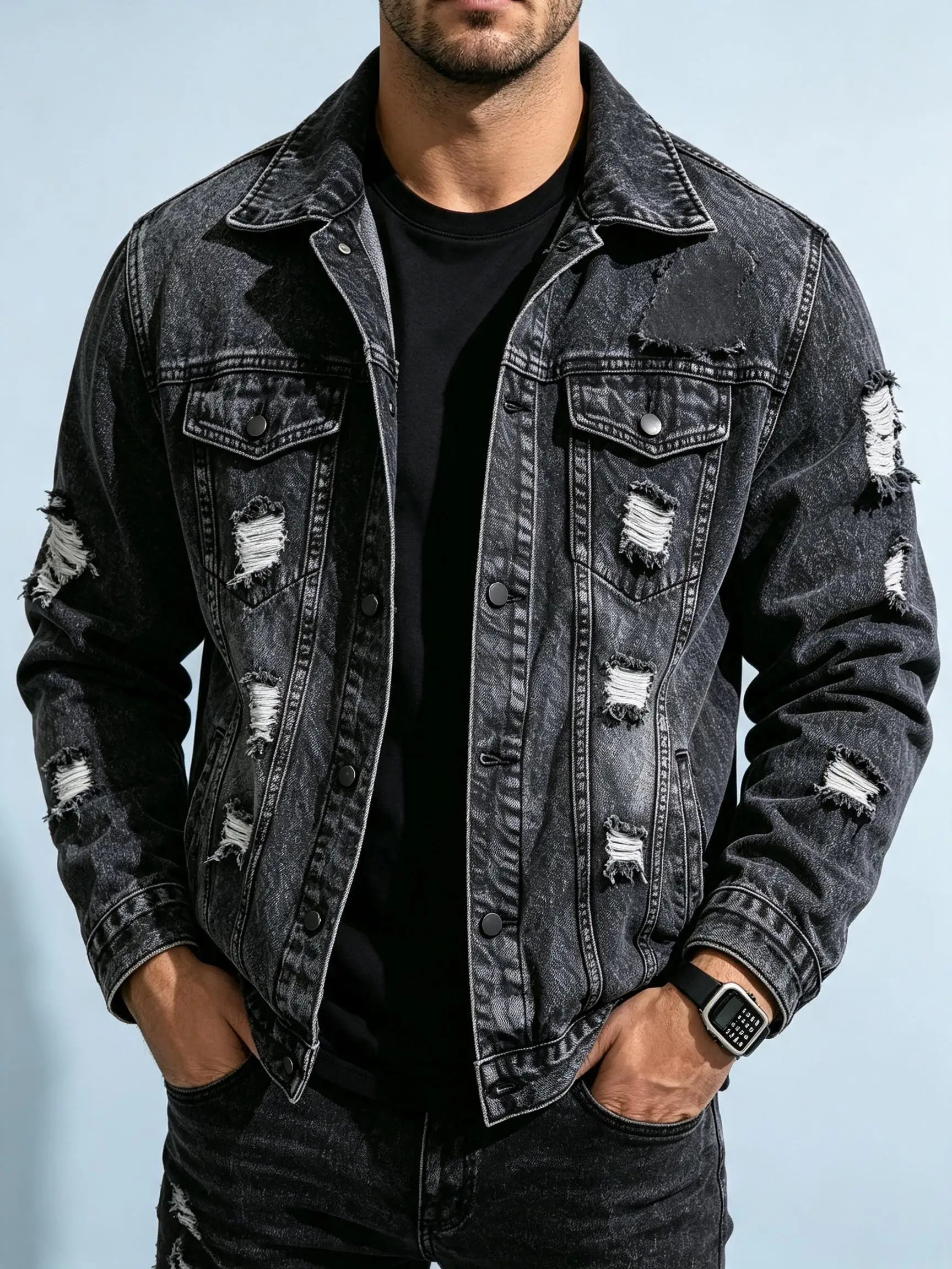 Men Y2K Cropped Denim Jacket, Trendy Street Style Outerwear, Practical Gift For Husband