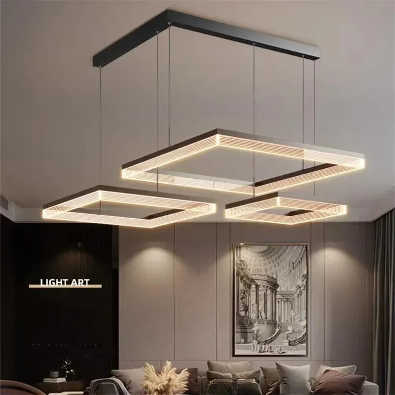 nordic black square dimmable chandelier led pendant lighting suspend lamp luminarias para quarto sala de estar lustre 01