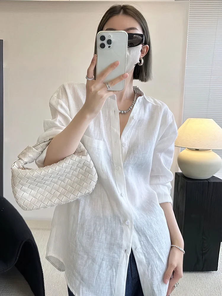 長袖コットンリネンオーバーサイズシャツ女性白ロングシャツ春夏レディビーチカジュアルアウターベーシックトップブラウス
