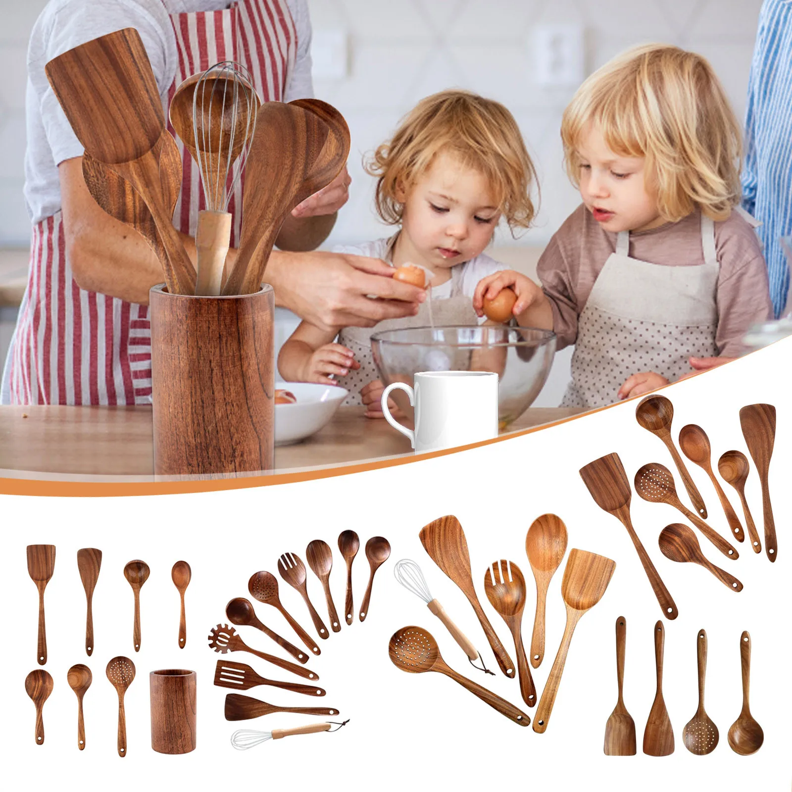 Natural Teak Kitchen Utensil Set - Comfort Grip Cooking Spoon, Wooden Spoon For Cooking - Wooden Utensil Set For Cooking New *