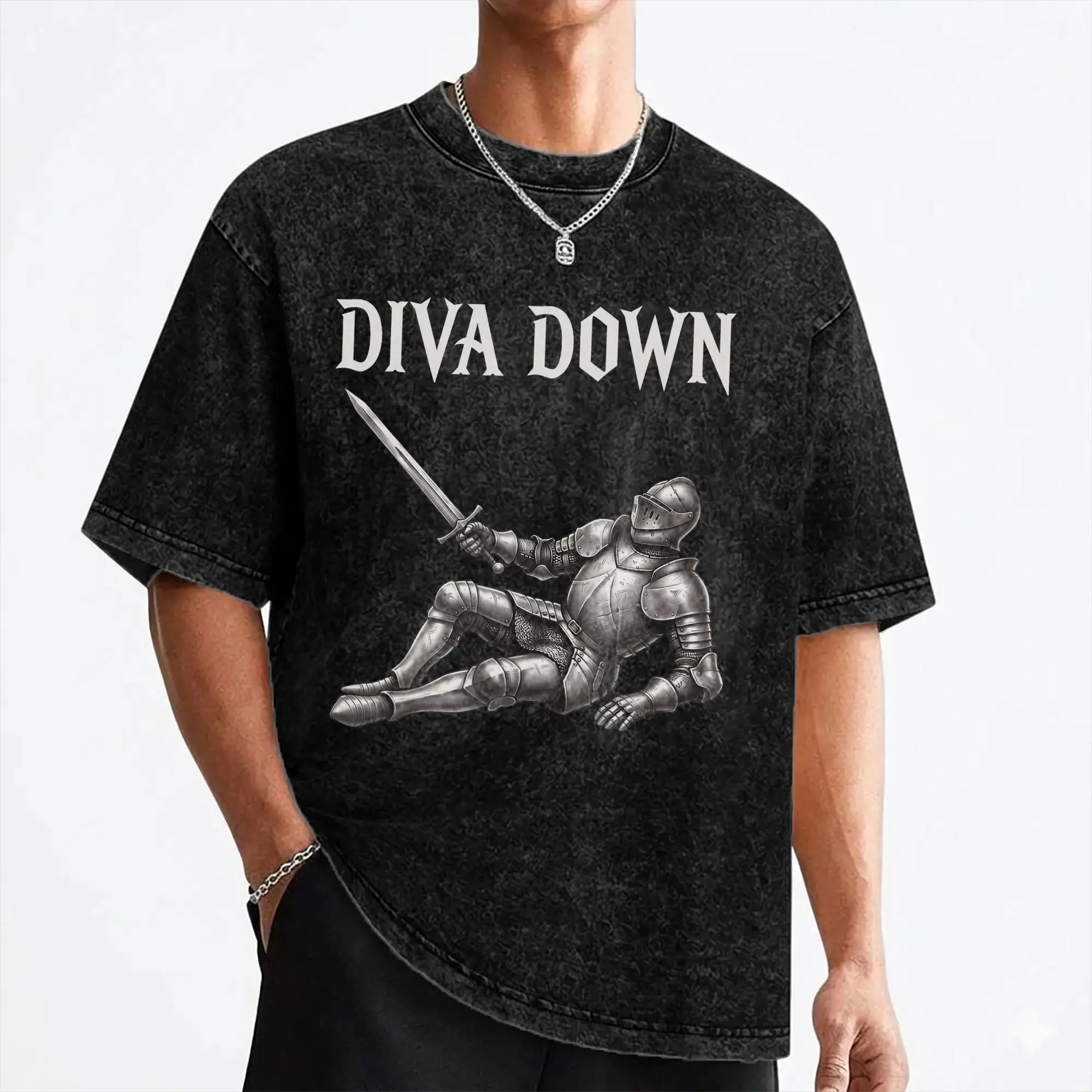 Washed T Shirts Diva Down Knight Meme Funny Humor Hip Hop Vintage T-Shirt Harajuku Streetwear 100% Cotton Tops Tees Men Women