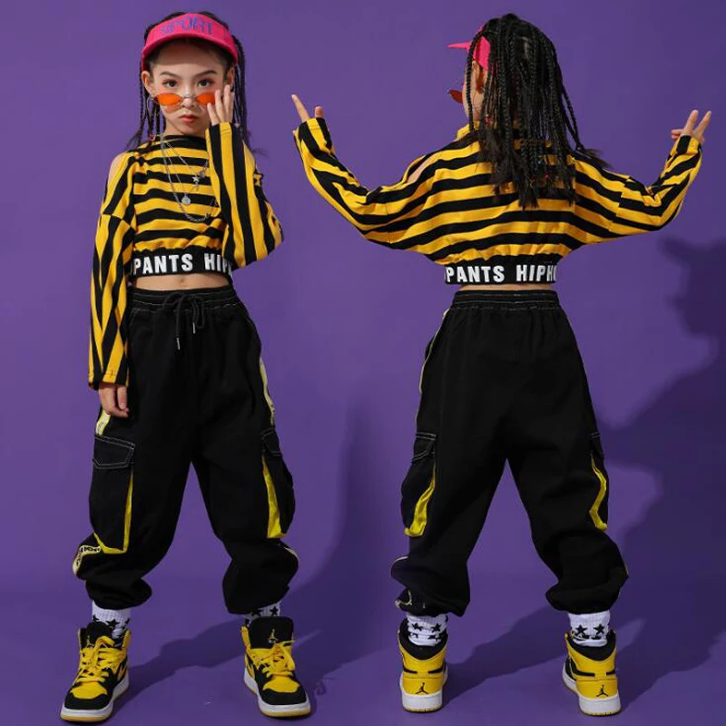 Tactical Cargo Pants For Girls Jazz Dance Costume  Clothes street Wear Kids Performance Hip Hop dance Outfits stripe Sweatshirt