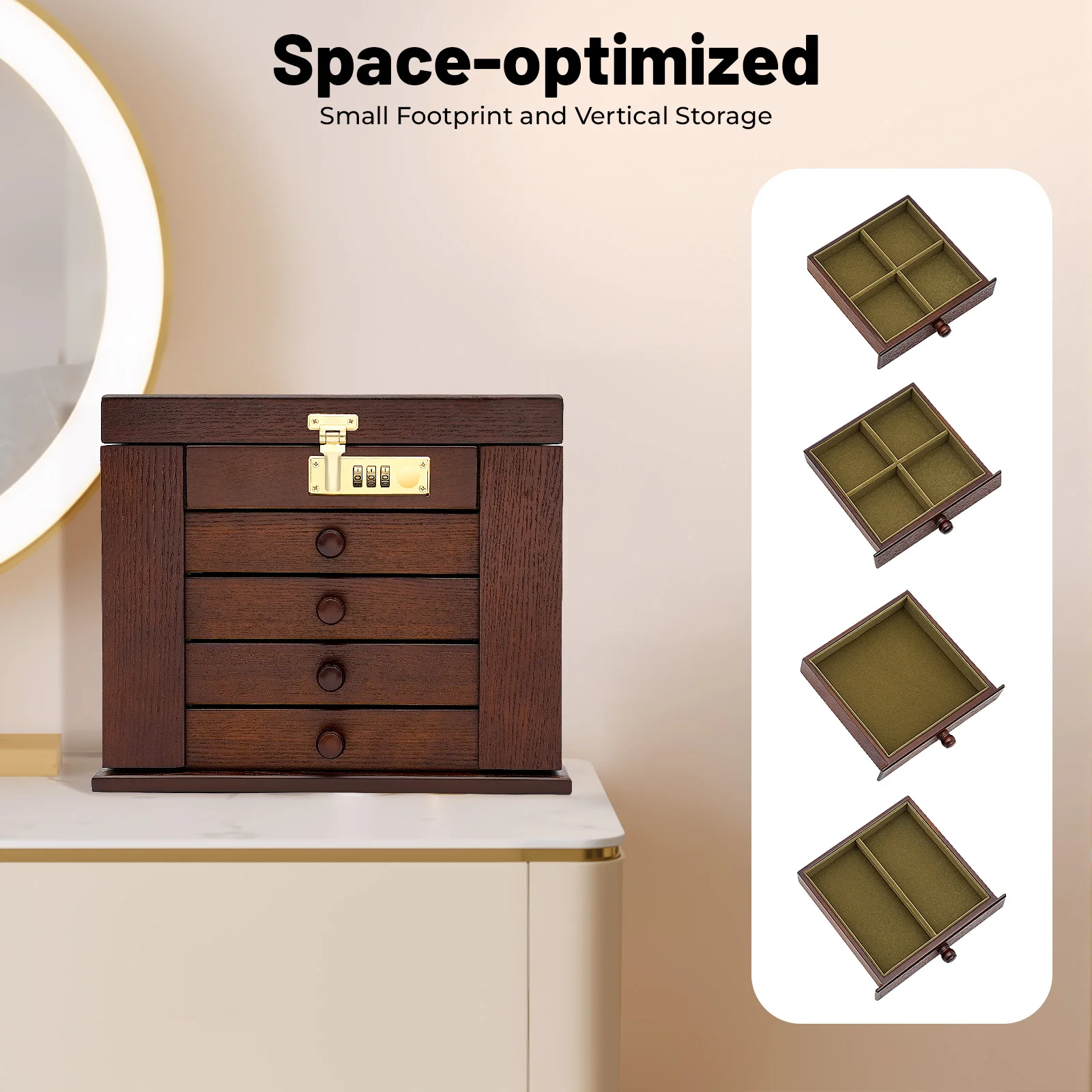 Grote 5-laags sieradendoosorganizer met slot 2 schommelkasten Ingebouwde spiegel Zachte fluwelen voering voor kettingen Ringen