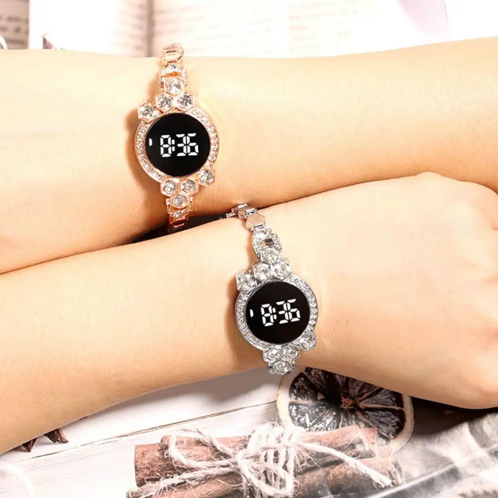 Luxury Women Watches Rose Gold Stainless Steel Shiny Rhinestone Inlay Decoration LED Digital Student Alloy Chain Wrist Watch