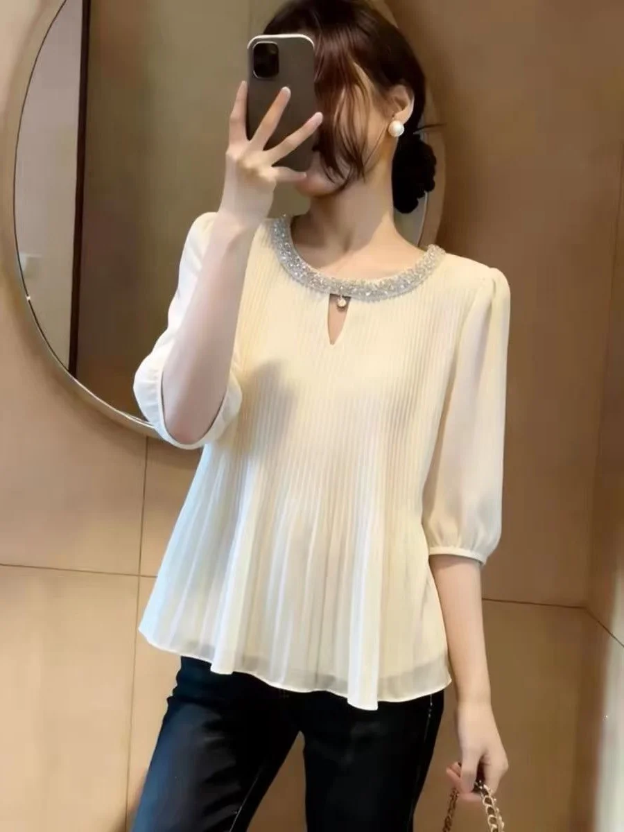 

Elegant Women's Loose Fit Shirt Summer New Style Fashion Slimming Versatile Casual Breathable Short Sleeve round Neck Top