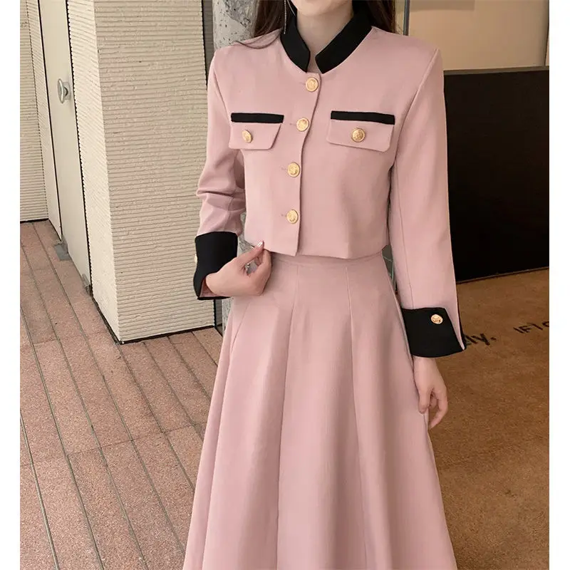 Women’s Elegant Two Piece Set Trendy Chic Sets Single Breasted Cropped Jacket Coat+High Waist Midi A-line Skirts Female Spring