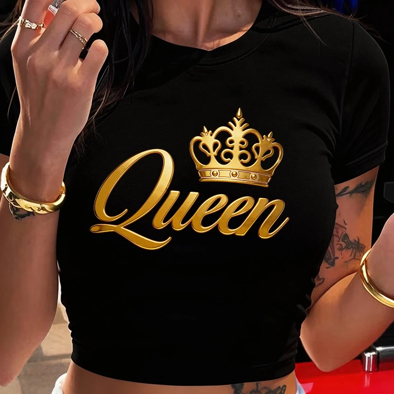 Damen Sexy Crop-Top mit Goldener Königinnenkrone Aufdruck Y2k Crop Tops 90er Jahre Grafik T-Shirt Mode Rundhals Kurzarm T-Shirt
