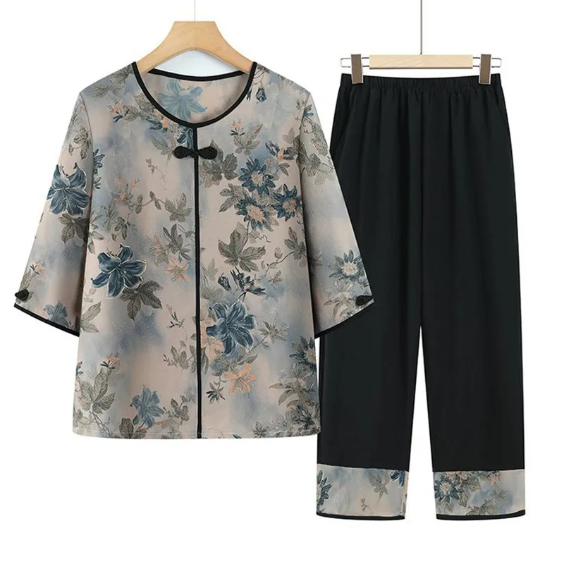 

XL-5XL винтажный комплект из двух предметов с принтом для мамы среднего возраста, большой размер, вязаные весенне-осенние пижамы, женская верхняя одежда, костюм