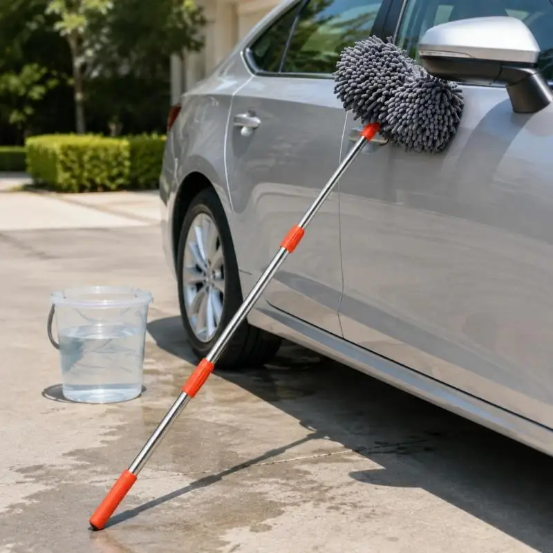 M76E Car Wash Mop with Soft Fiber Head, Long Sectional Handle for Roof, Windshield, Body Panels, and Routine Exterior Vehicle
