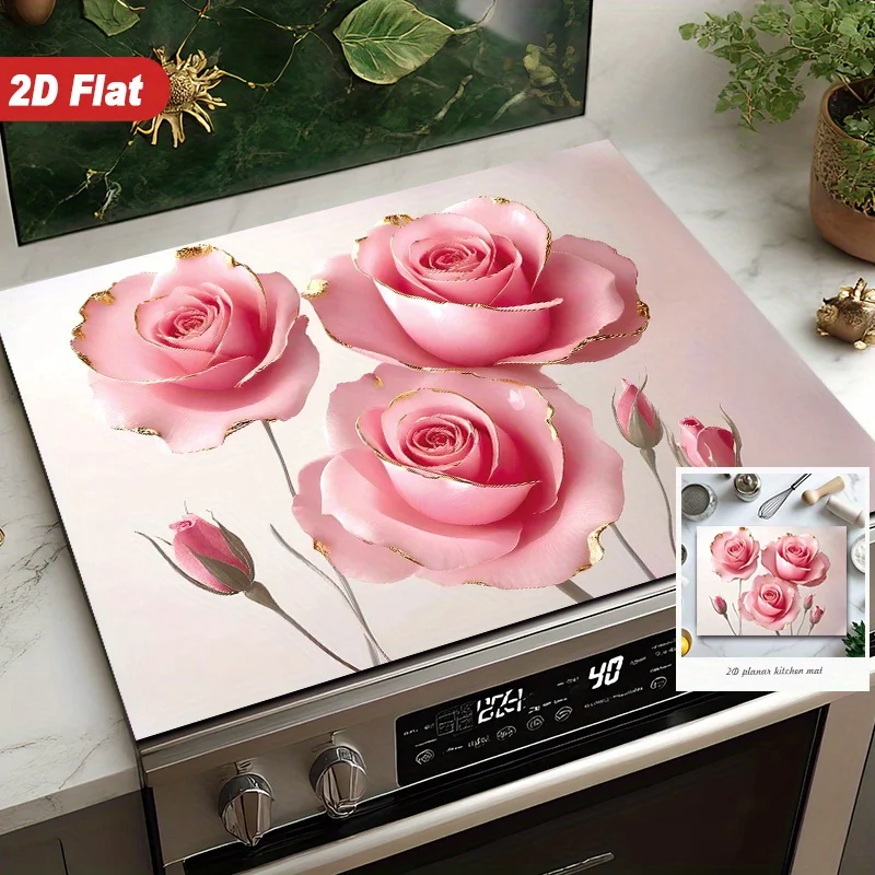 1pc Elegant Pink Roses 2D pattern design Measuring 28.35x20.47inch, suitable for stoves, induction cooktops, and ceramic hobs