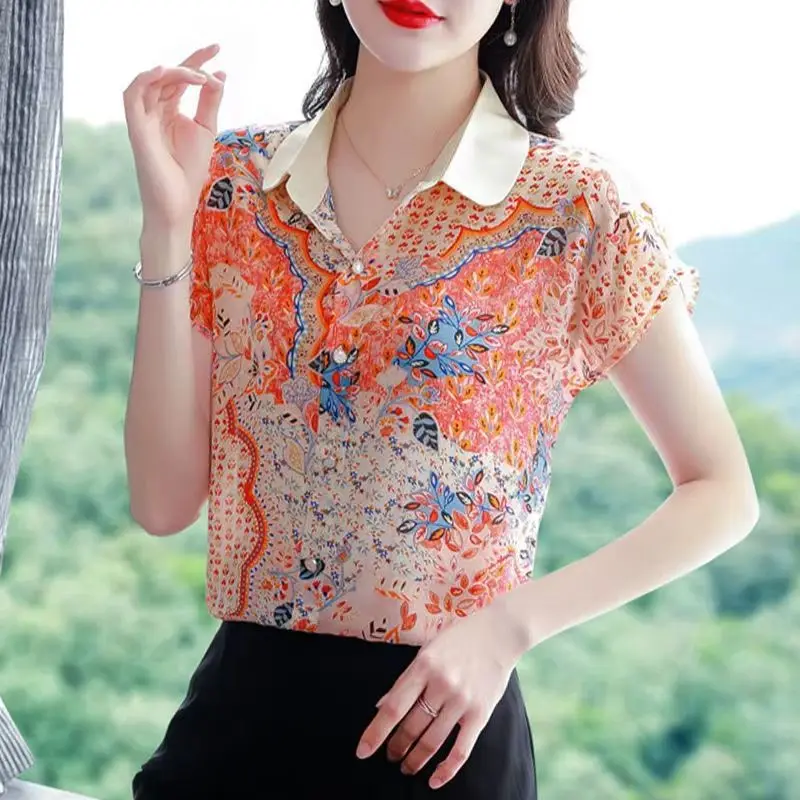 Elegant Floral Printing Women\'s Clothing 2023 Summer POLO Collar Loose Comfortable Tops Women Broken Flower Chiffon Shirt