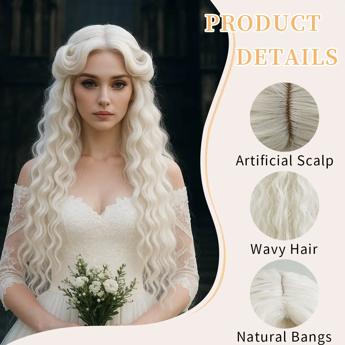Wig Panjang Sintetis Bulu Halus Bergelombang Alami Putih dengan Poni untuk Cosplay Harian Halloween 28 Inci