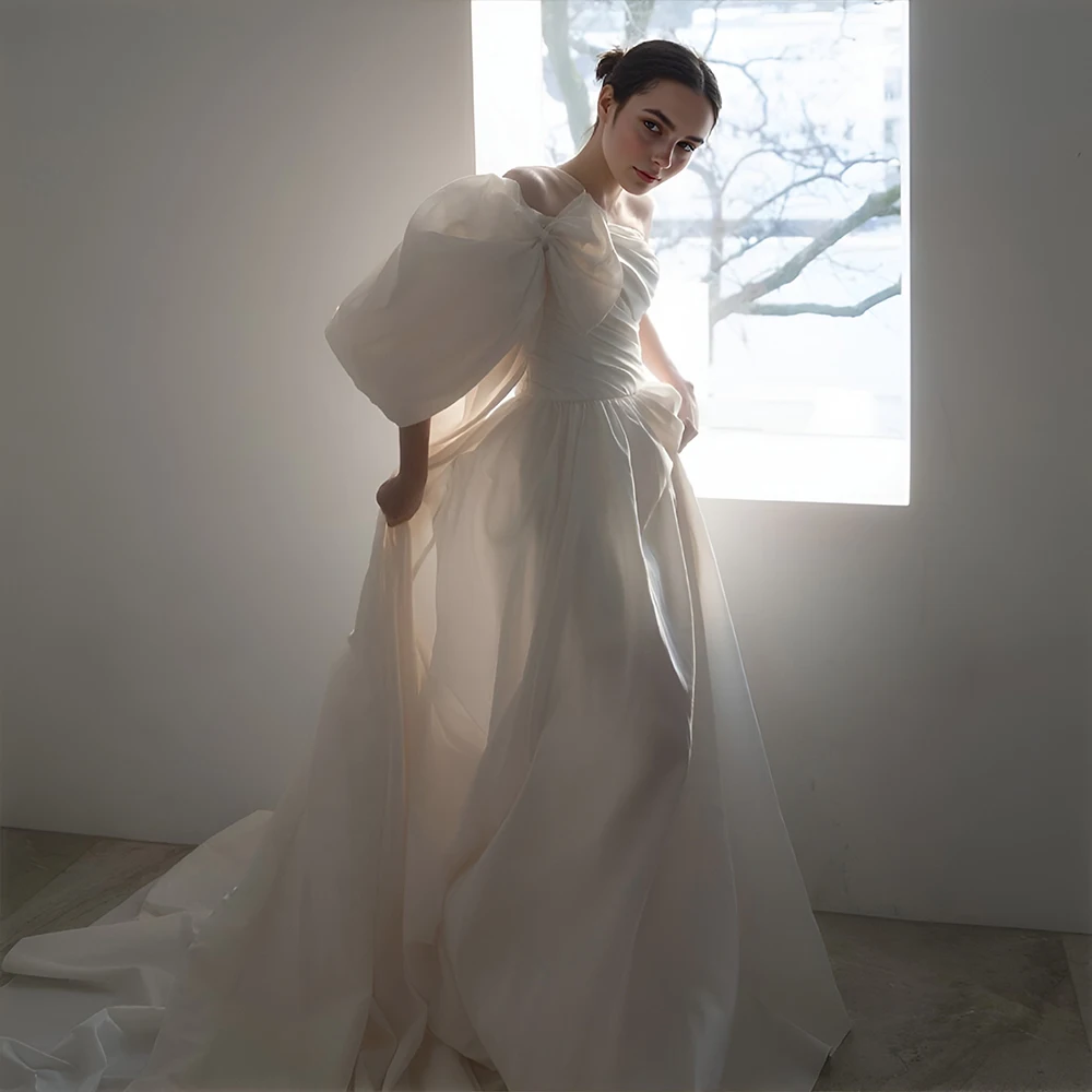 

ESBRIDE Elegant One-shoulder Puff Sleeve Wedding Dress High-end Custom Belted Trailing Dreamy Bridal Dress Wedding Essentials