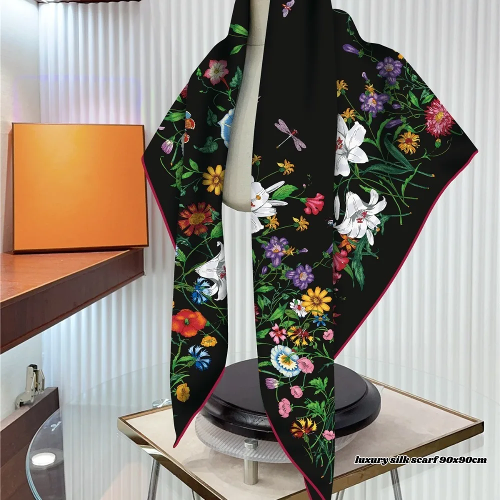 New Year Gift French Plant Flower Tulip High Quality Twill Silk Women Shawl Sun Protection Large Square Scarf Decorative Scarf