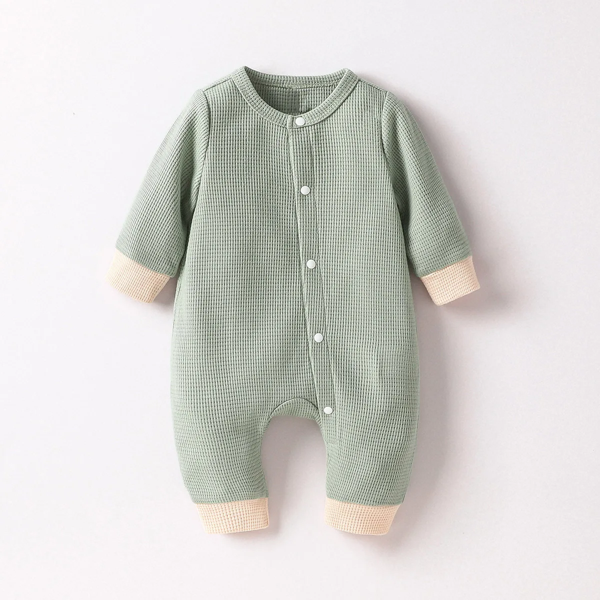 Baby Newborn Boys Spring/Autumn Long Sleeve With Button Green Solid Waffle Casual Jumpsuit