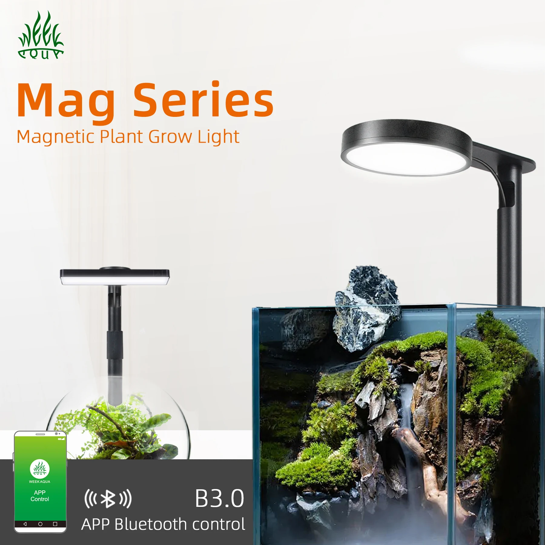 WEEK AQUA Mag-Pro Mag-Max Nano RGB+UV Light USB Plant Grow Lamp Bluetooth App Control for Freshwater Aquascaping Plant Aquarium