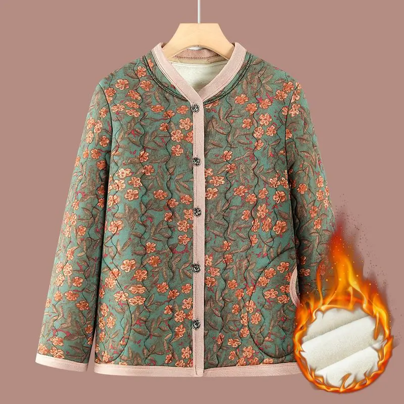 Womens Elderly Loose Floral Printed Coat Fleece Lined Thick Warm Cardigan Cotton Jacket Mom Grandma Casual Outerwear