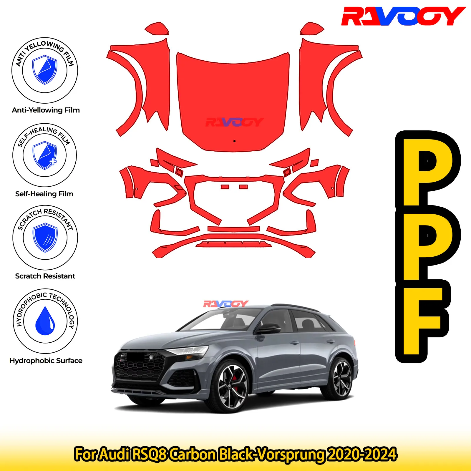 

Для Audi RSQ8 Carbon Black-Vrachtung 2020-2024 глянцевый матовый черный предварительно вырезанный передний комплект PPF защитная пленка для краски