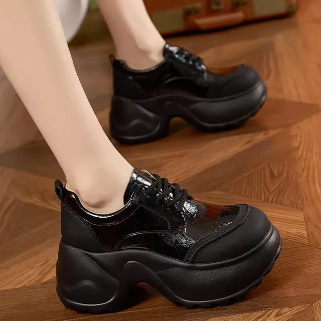 

Women's Casual Thick Bottom Leather Loafers Mary Janes High Heels Fashionable All-Match round Toe Spring Summer Seasonal Shoes