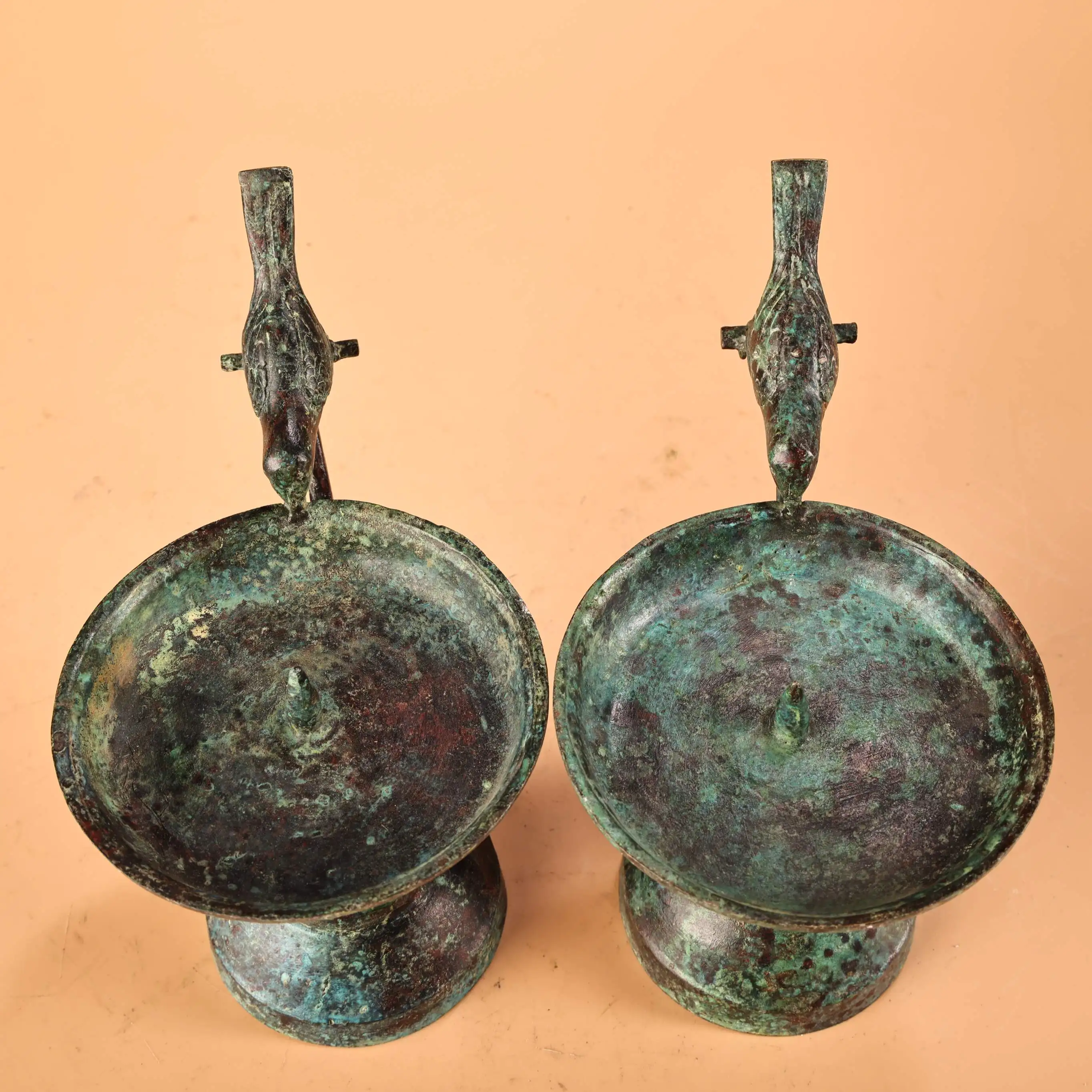Tibet Folk Old Bronze Ware Verdigris Bird Statue Lotus Flower Candle holder Candlestick A Pair Amass wealth Ornaments