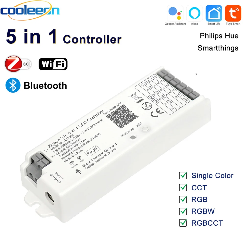 5 in 1 Controller Tuya Zigbee Wifi Smart LED Dimmer 2.4G RC Support Alexa Google Assistant for 12V 24V CCT RGB RGBCCT COB Strip