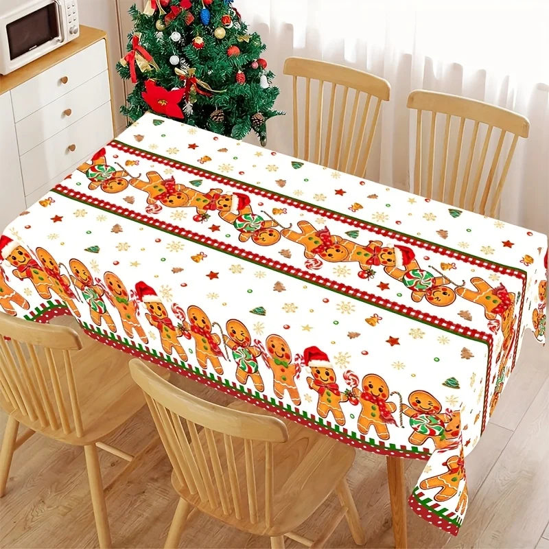 1pc Festive Christmas Plastic Tablecloth, 86.61 X 51.18inch Cartoon Gingerbread Man Pattern Disposable Rectangle Tablecloth for