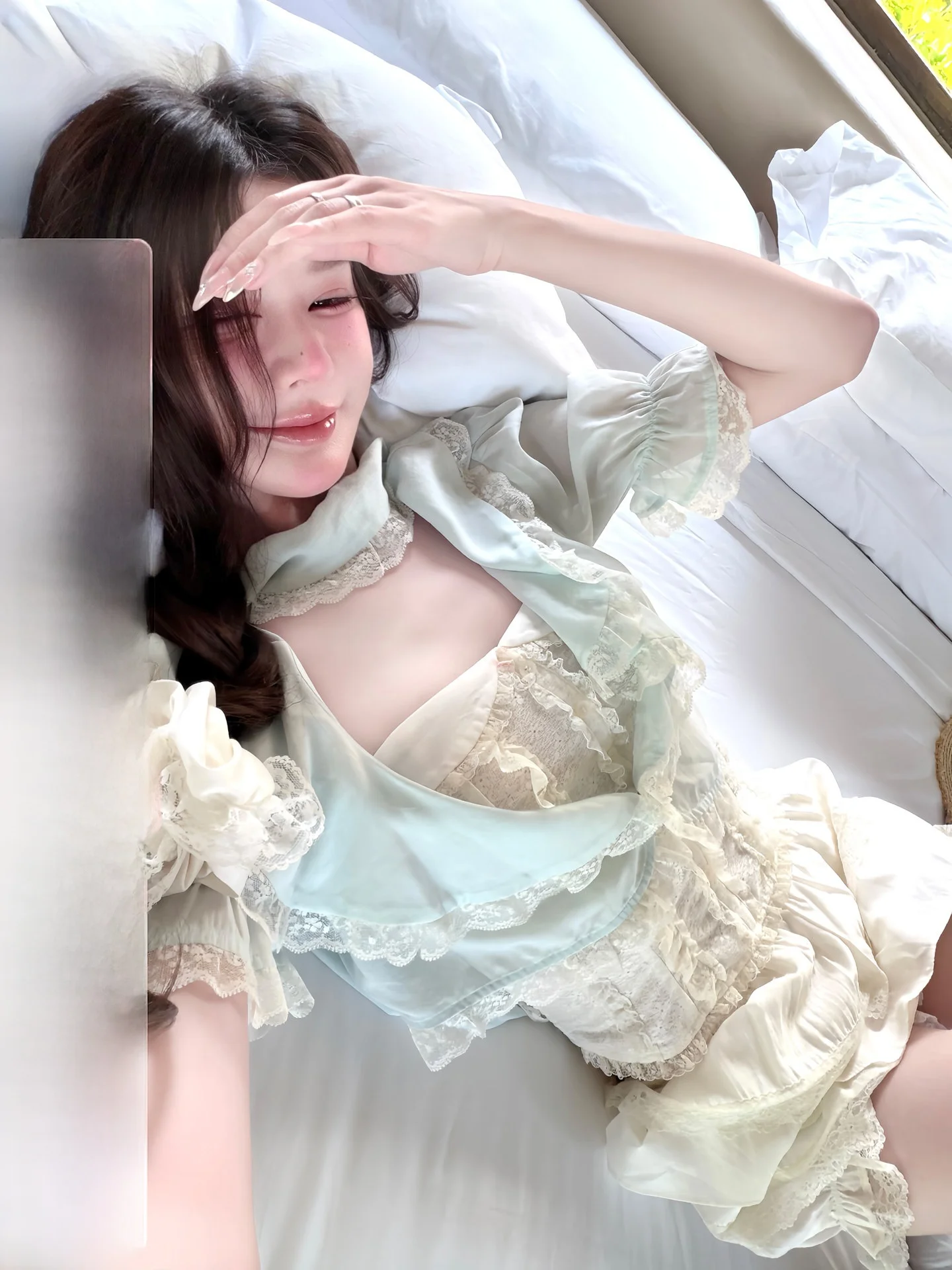 

White Water Women's Mixed Jasmine Cedar Lace Blouse Short Sleeve Spring Summer Atmosphere Sense Set Women's Fashion Set