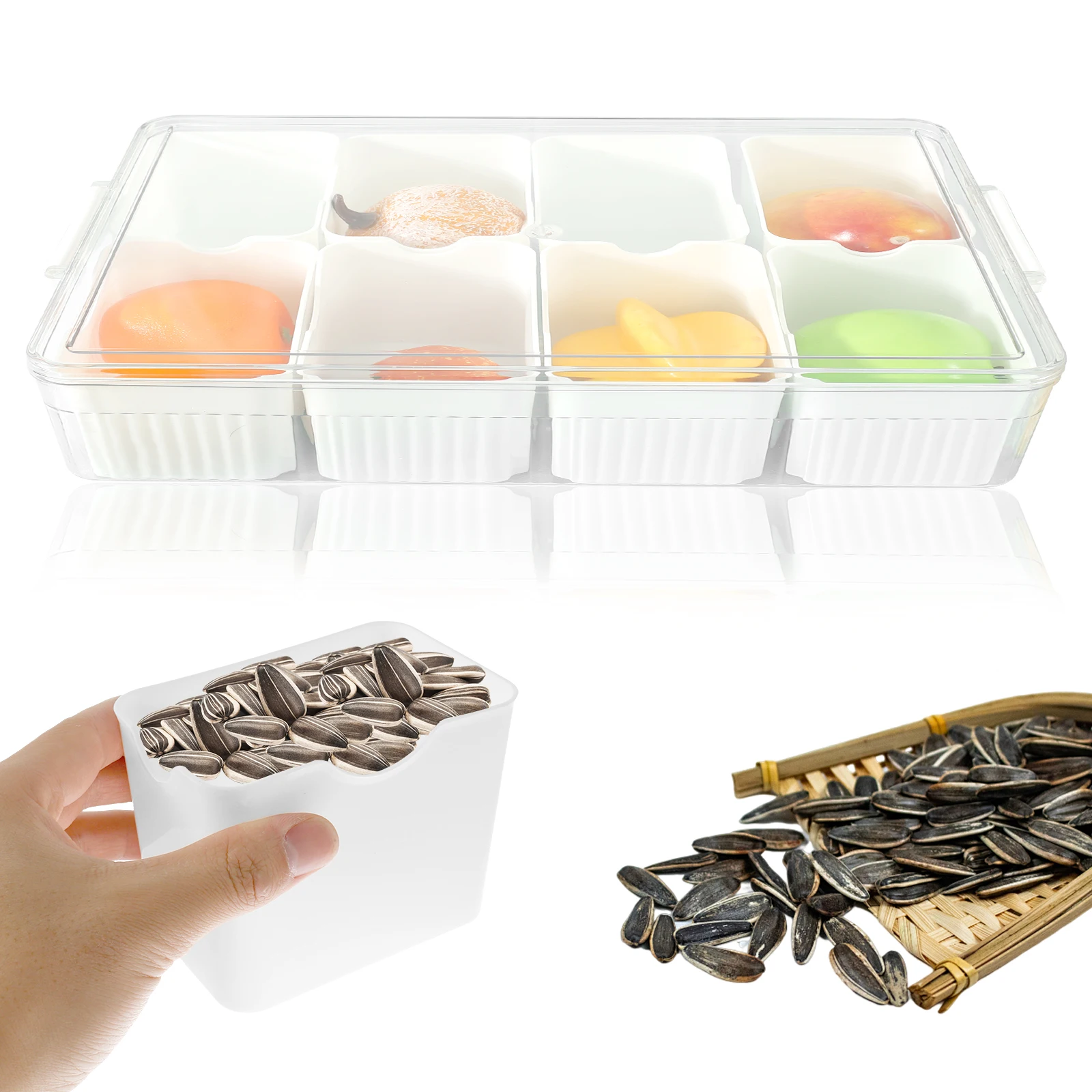 

Divided Serving Tray with Sealing Lid 8 Compartment Snack Serving Tray with Snap Portable Snack Divided Platter with Clear Outer