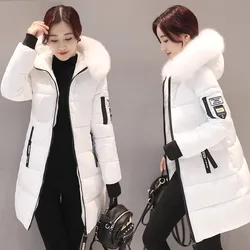 Women Winter Cotton Coat Hooded Mid Length Outerwear Windproof Warm Long Sleeve Jacket Solid Color Slim Fit Lady Down Coat