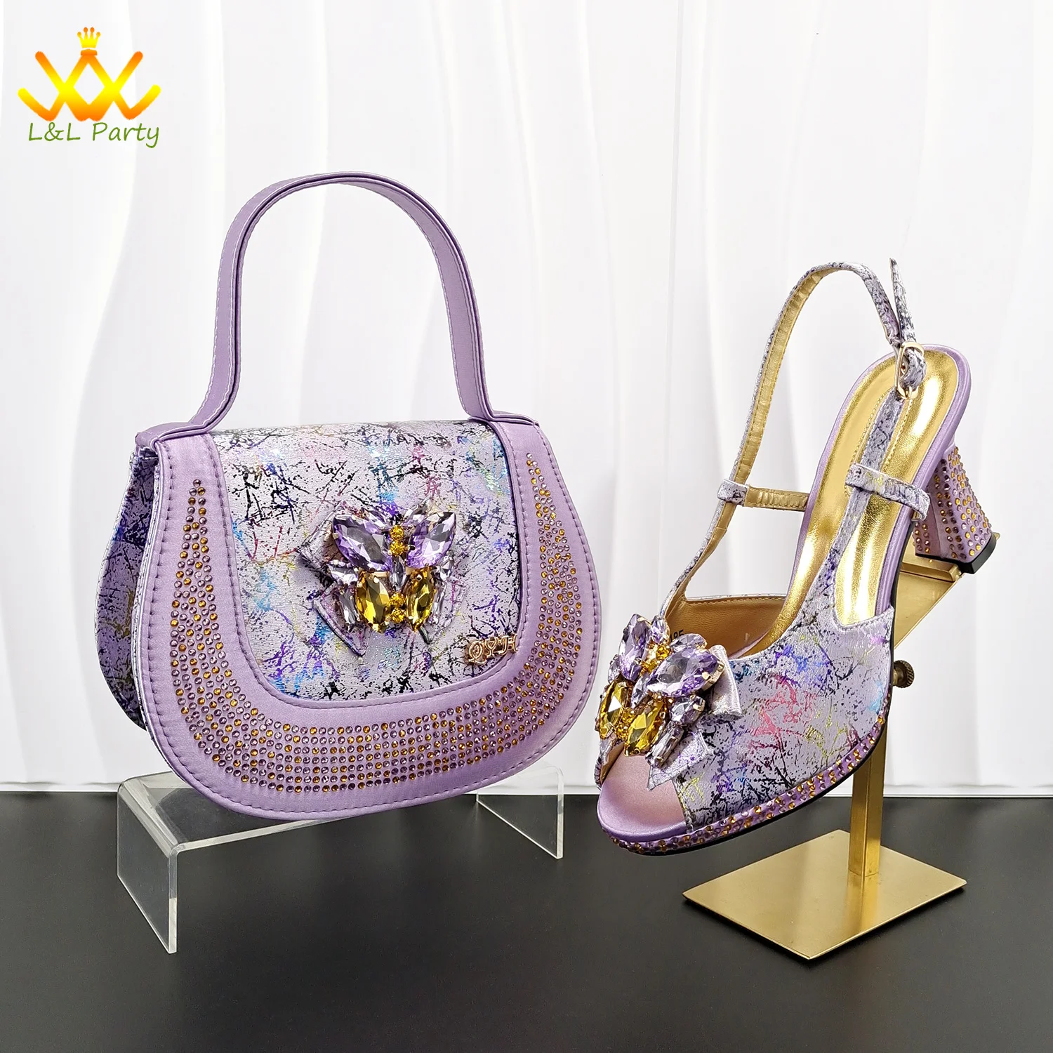 

2026 New Arrivals Spring Mature Women Shoes and Bag Set in Lilac Color for Wedding Party with Crystal