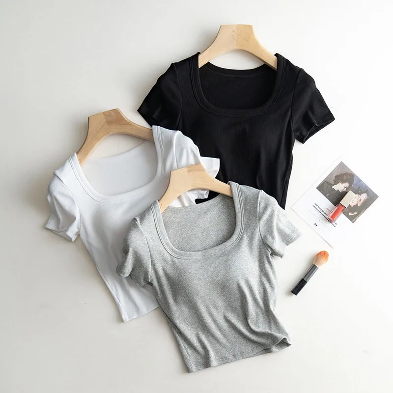 Ribbed Women's T-Shirts with Padded Wireless Bust Solid Color Short Sleeve Casual Basic Undershirt Crop Top Female Outwear C5839