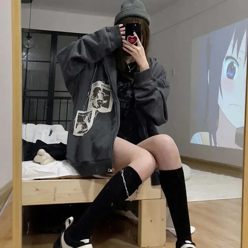 Gothic Hoodie Jackets Women Harajuku Oversized Zipper Jacket Autumn Winter Vintage Loose Hooded Sweatshirts Y2k Streetwear