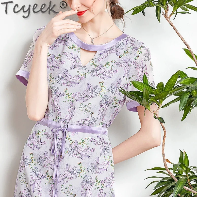 100% Tcyeek Maul beers eide Midi Sommer Damen elegante es für Frauen Schnür druck Kleid Vestidos