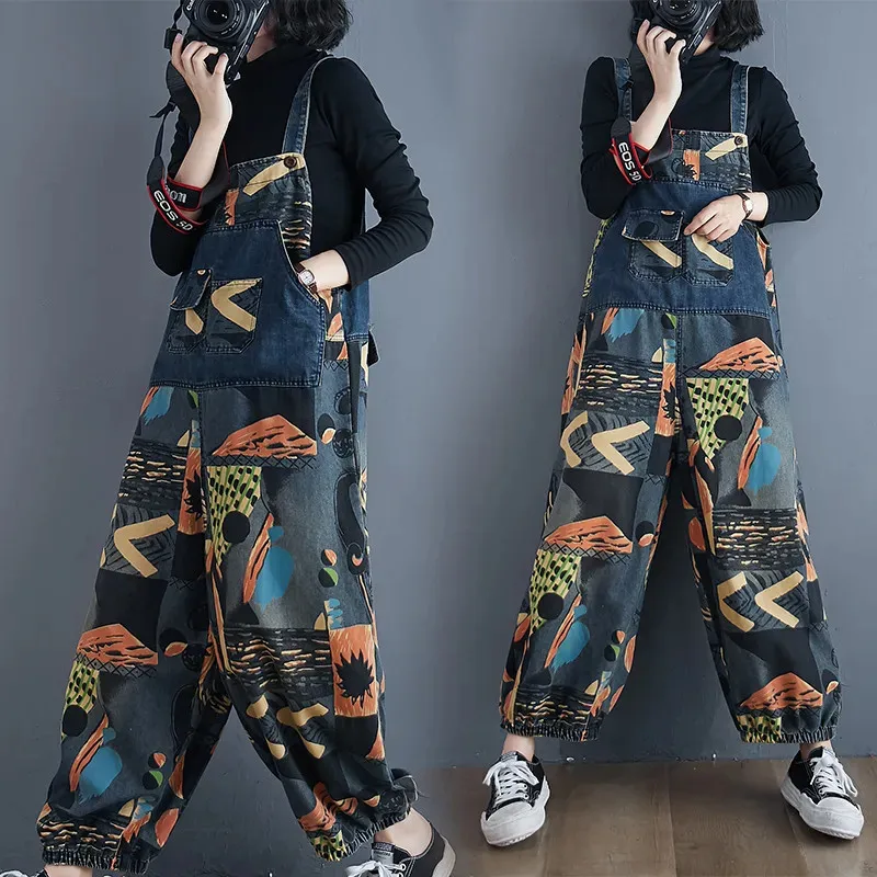 Summer Printed Cowboy Bib Women 2023 New Fashion Loose Jumpsuit Nine-Point Wide-Leg Jeans Suspenders Overalls Trousers Female