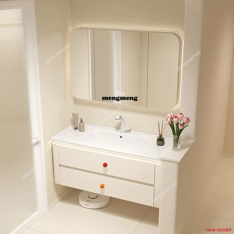 F182 Ceramic Integrated Basin Cabinets Cream-style Solid Wood Lacquered Storage Bathroom Cabinets Washbasin Furniture Armoire