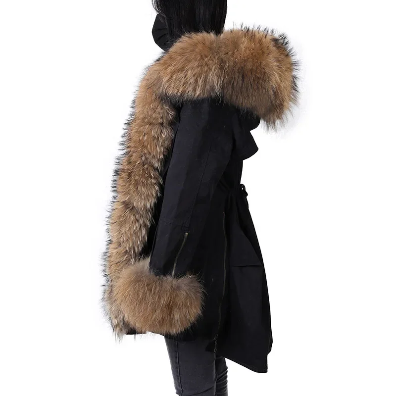 2023 Maomaokong Winterjas Vrouwen Grote Natuurlijke Echte Vos Wasbeer Bontkraag Jas Vrouwelijke Kleding Verwijderbare Binnenvoering Parka \'S