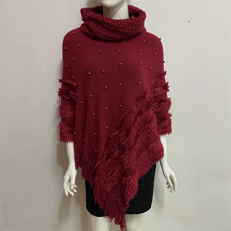 European American Autumn Winter New Jacquard Pearl Women Wear Warm High Collar Lady Shawl Cloak  Fashion Wine Red