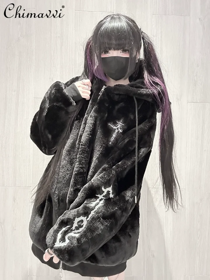 

Original Punk Cute Girl Cat Ear Plush Cute Jacket Japanese Mass-Produced Subculture Winter Thickened Black Warm Jacket Women