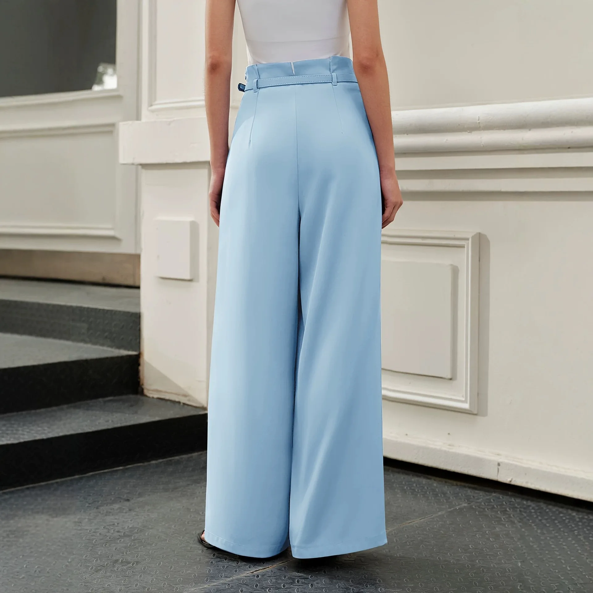 Elegant Straight-leg Pants For Commuting And Casual Wear, High-waisted With Belt Design, Slimming Effect, Made Of Suit Fabric