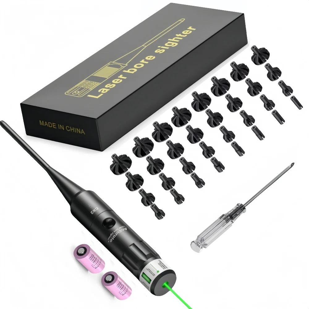 مجموعة أدوات Bore Sight EZshoot باللون الأخضر اللامع أو النقطة الحمراء مع مفتاح زر كبير لعيار.17 إلى 12GA (32 قطعة)