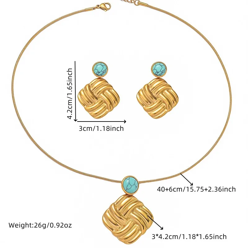 DIEYURO 316L Stainless Steel Round Turquoise Golden Woven Textured Square Pendant Necklace Earrings Set New Non-fading Jewelry