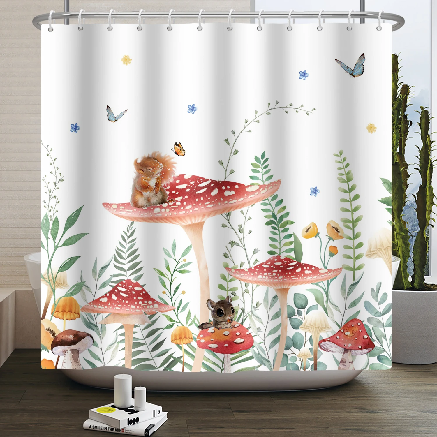 Mushroom Shower Curtain Flower Green Leaf Plant Forest Butterfly Botanical Floral Squirrel Aesthetic Waterproof Bathroom Curtain