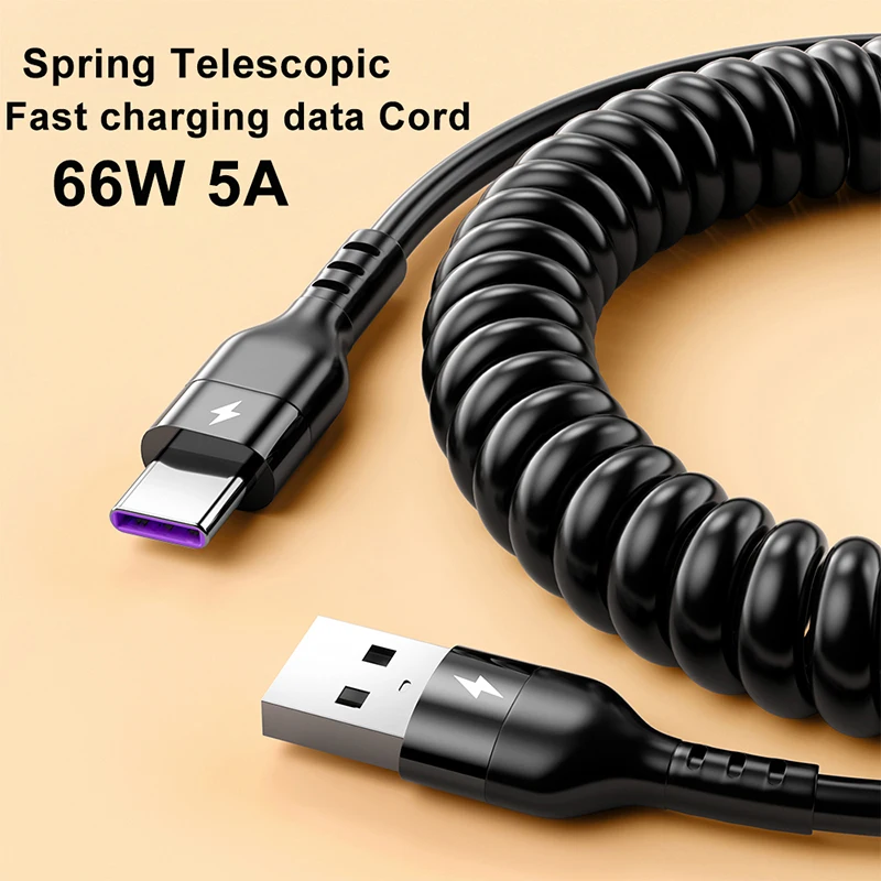 66W 5A Fast Charging Spring Cable Telescopic Cord USB Type C Cables For Samsung Xiaomi Huawei Honor USB C Car Fast Charger Cable