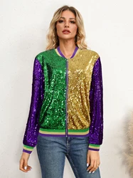 Sequined Color Block Zip Up Jacket, Chic Casual Long Sleeve Jacket For Fall & Winter, Women's Clothing